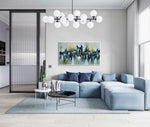 Bridge and the City - Cityscape art category - Blue sofa background - white frame