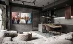 Dancing Colours 3 - Abstract art category - beige sofa brick wall living room background - black frame style