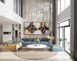 Dancing Duo - Abstract art category - teal sofa large wall display - golden frame style