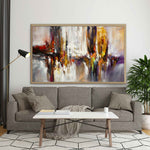 Large abstract wall art above beige sofa wooden frame