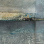 Spring Sky – close-up detail of original abstract painting by Madhav Singh showing textured horizon line in gold, grey and teal – hand-painted canvas texture