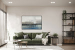 Foggy Day - Abstract art category - green sofa living room display - black frame style
