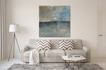 Spring Sky – original abstract painting by Madhav Singh in bright Scandinavian living room above cream sofa – soft grey and blue abstract wall art UK