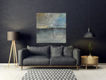Spring Sky – original abstract painting by Madhav Singh on dark feature wall above charcoal sofa – large format abstract canvas art UK